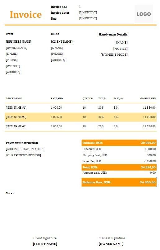 FREE Handyman Invoice Templates Word Excel PDF