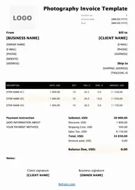 Photography Invoice Template Excel