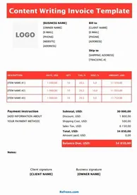 Content Writing Invoice Template Excel