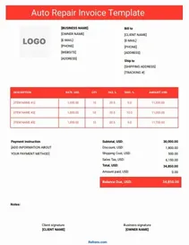 Auto Repair Invoice Template Word