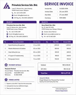 Sample of Service Invoice Template for Malaysia Refrens