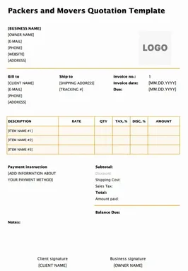 Free Packers and Movers Quotation Template with sections for transport charges, packing cost, insurance, and total estimate.