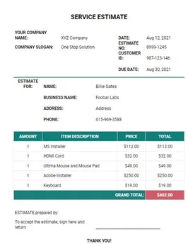 Service Estimate Template Excel