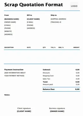 Download Scrap Quotation Format for recycling and scrap dealers with item-wise metal or material rates and weight details.