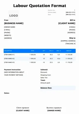 Free Labour Quotation Format for contractors and suppliers with sections for manpower charges, materials, tax, and total cost.