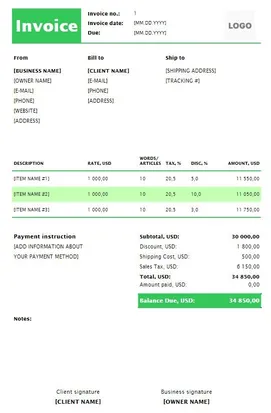 Content Writer Invoice Template