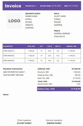 Printable Invoice Template Excel