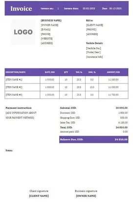 Auto Repair Invoice Template