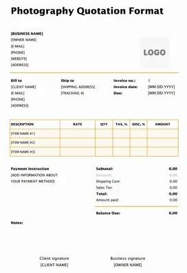 Download free Photography Quotation Format for photographers to estimate shoot costs, editing fees, and package pricing for clients.