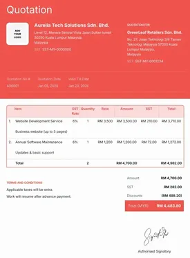 Website quotation template showing itemized web services, pricing breakdown, client details, and total cost in a professional layout.