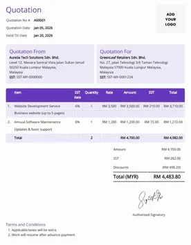 Business quotation template with company information, client details, listed products or services, unit prices, and final quotation amount.