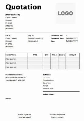 Excel quote template with automatic total calculations