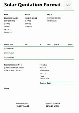 Free Solar Quotation Format for solar installers and energy companies with sections for panel specifications, installation cost, and GST.