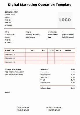 Download Digital Marketing Quotation Template for agencies to share SEO, PPC, social media, and content marketing pricing.