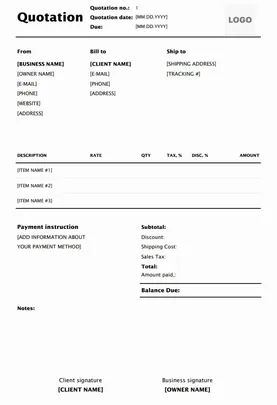 Sample quotation format used to prepare itemised cost breakdowns