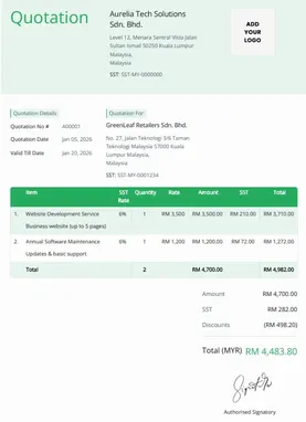 Sample quotation template demonstrating standard quote structure with item description, quantity, pricing, and summary totals.