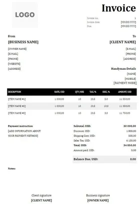 Handyman Invoice Template