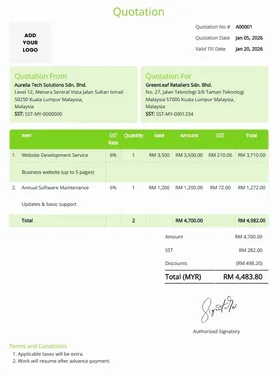 Basic quotation template showing company details, client information, item list, quantity, rate, and total amount in MYR