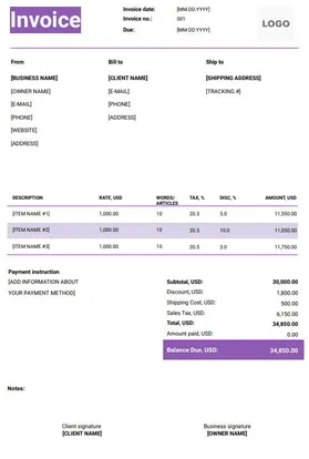 Content Writer Invoice Template