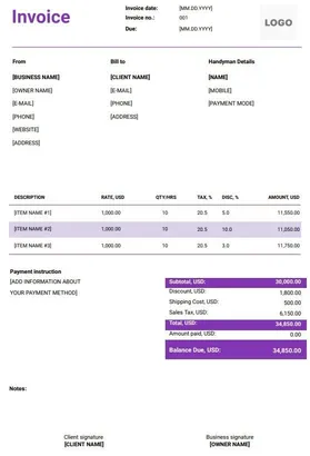 Handyman Invoice Template