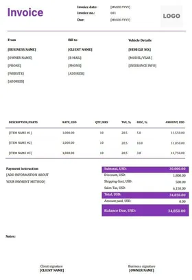 Auto Repair Invoice Template