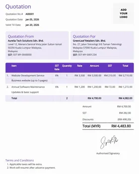Sales quotation template with product or service list, quantity, rate, SST, and total amount in RM.