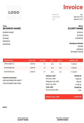 FREE Handyman Invoice Templates (Word, Excel, PDF)