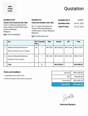 Price quotation template designed to clearly display item prices, discounts, and the final quotation value.
