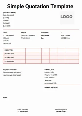 Download Simple Quotation Template in Word for quick price quotes with minimal design and clear itemized structure.