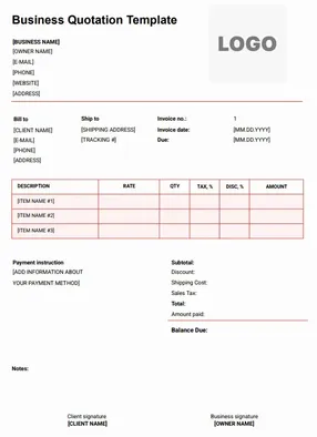 Download free Business Quotation Template in Word with editable fields for client details, pricing, taxes, and total amount.