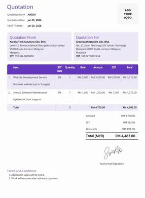 Standard quotation template featuring quotation number, dates, item list, pricing, and total in MYR.