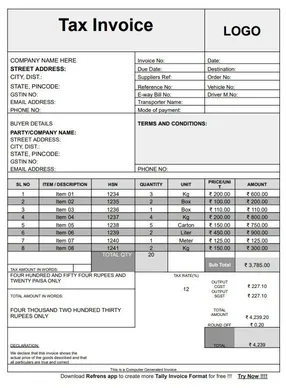 Tally Bill Format Word