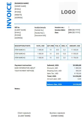 Auto Repair Invoice Template