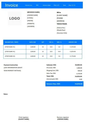 Auto Repair Invoice Template