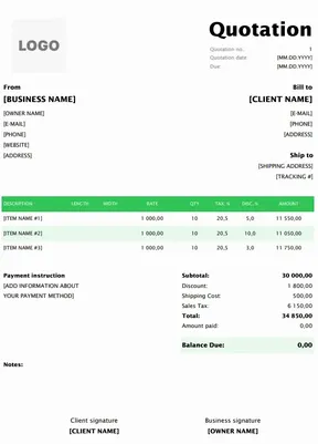 Interior Design Quotation in Excel