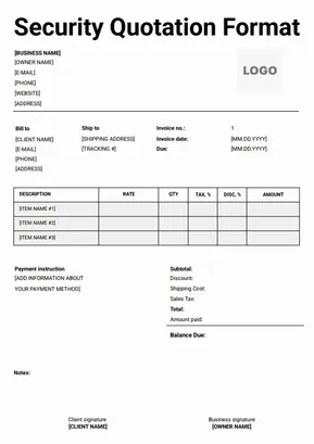 Download Security Quotation Format for security agencies with fields for service charges, tax, and client billing information.