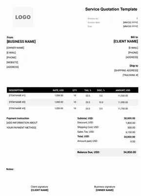 Free Service Quotation Template for agencies, freelancers, and contractors to quote professional service rates and taxes.