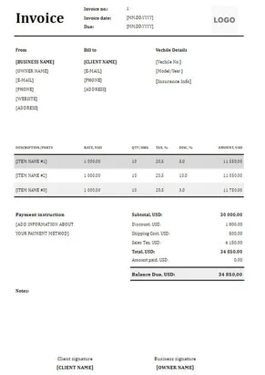 Auto Repair Invoice Template