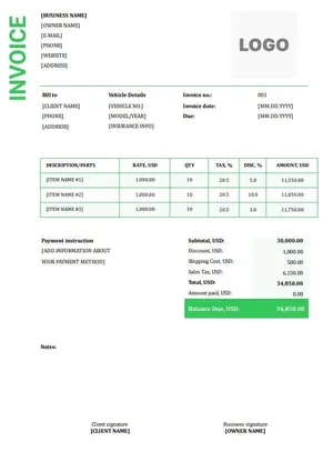 Auto Repair Invoice Template