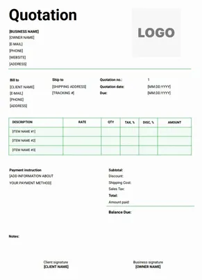 Building quote template with itemised services and material breakdown