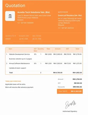 Freelance quotation template showing service details, SST rate, pricing breakdown, and final total in Malaysian Ringgit.