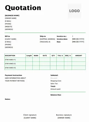 Quotation Format for Interior Work in Excel 