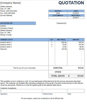 sample quote template excel