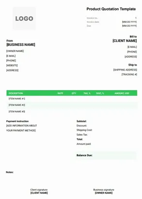 Download Product Quotation Template for manufacturing and trading businesses with item-wise pricing, tax, and discount columns.