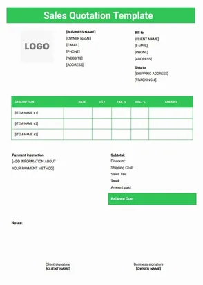 Free Sales Quotation Template for sales teams to prepare professional quotes including tax, discount, and total payable amount.