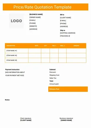 Free Price or Rate Quotation Template for businesses to list item rates, quantities, taxes, and discounts in a clean layout.