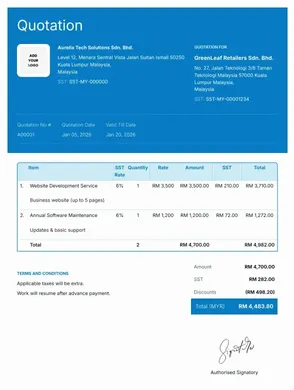 Sample quotation template with example data, service items, pricing breakdown, SST details and quotation validity period.