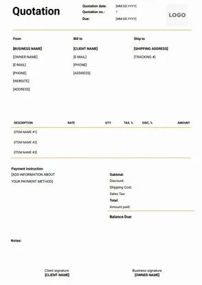 Business quotation example with clear totals