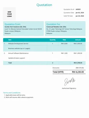 Service quotation template showing service descriptions, service charges, and total payable amount.