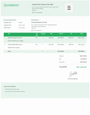 Example of a quotation template showing service items, rates, company logo and the final amount payable.